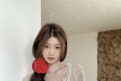 V-Neck Lace Trim One-Buttoned Plain Sheer Crop Cardigan