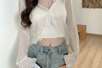 V-Neck Lace Trim One-Buttoned Plain Sheer Crop Cardigan
