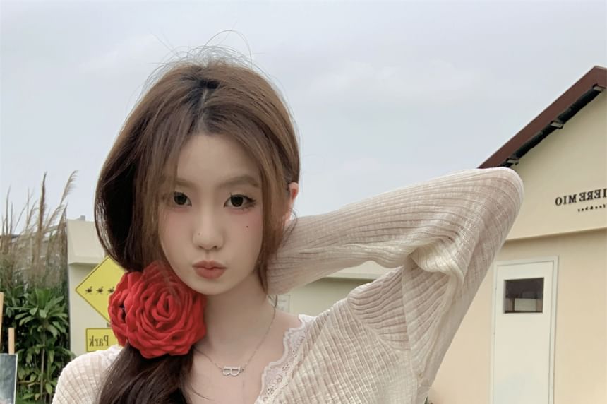 V-Neck Lace Trim One-Buttoned Plain Sheer Crop Cardigan