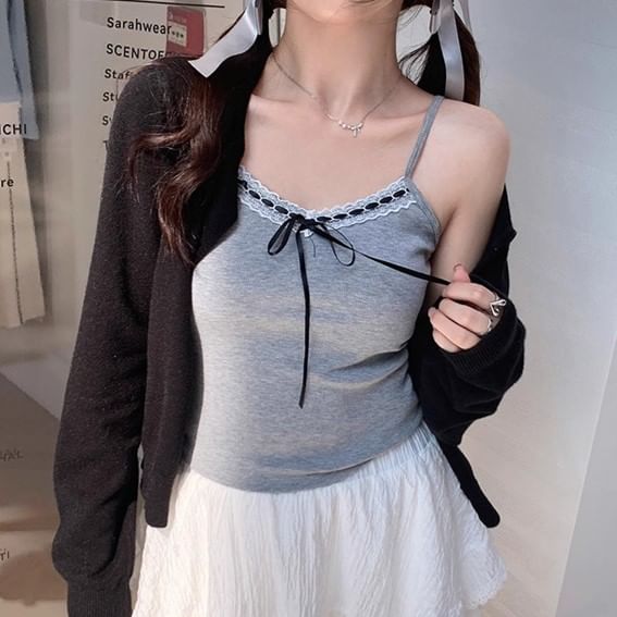 V-Neck Plain Bow Accent Lace Trim Crop Cami Top