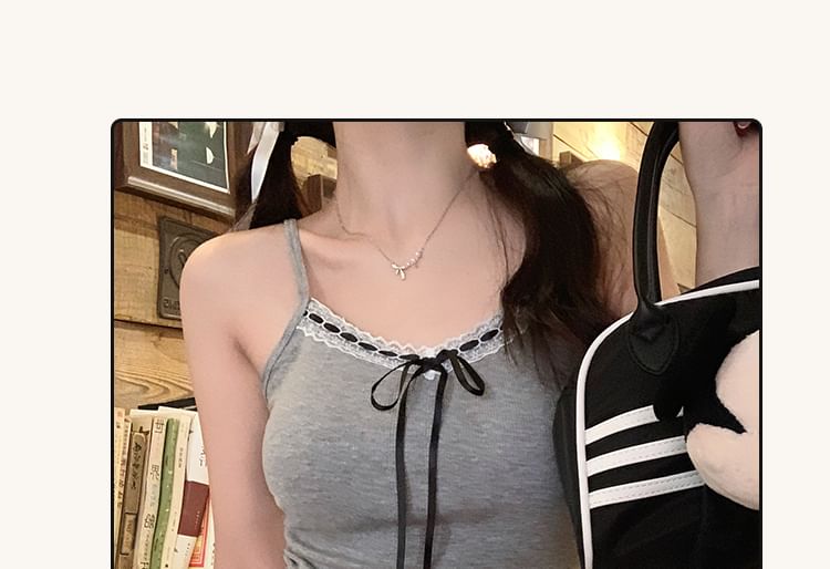 V-Neck Plain Bow Accent Lace Trim Crop Cami Top
