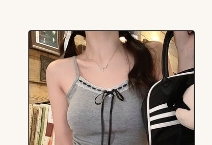 V-Neck Plain Bow Accent Lace Trim Crop Cami Top