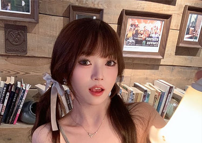 V-Neck Plain Bow Accent Lace Trim Crop Cami Top