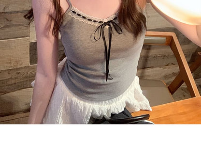V-Neck Plain Bow Accent Lace Trim Crop Cami Top