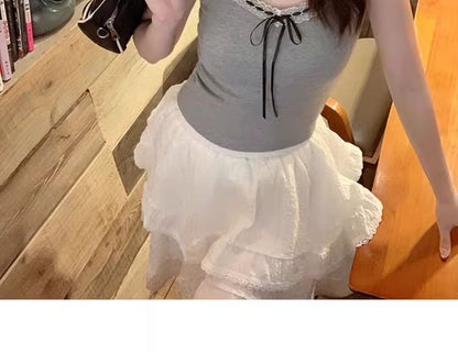 V-Neck Plain Bow Accent Lace Trim Crop Cami Top