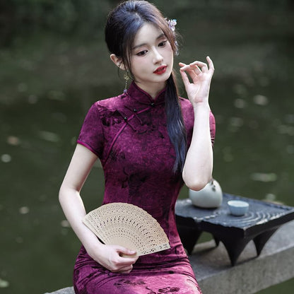 Short-Sleeve Floral Print Maxi Sheath Qipao Dress