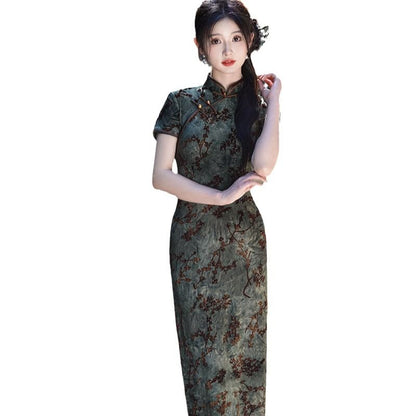 Short-Sleeve Floral Print Maxi Sheath Qipao Dress
