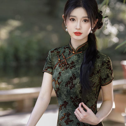 Short-Sleeve Floral Print Maxi Sheath Qipao Dress