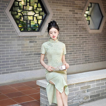 Short-Sleeve Floral Print Midi Sheath Qipao Dress