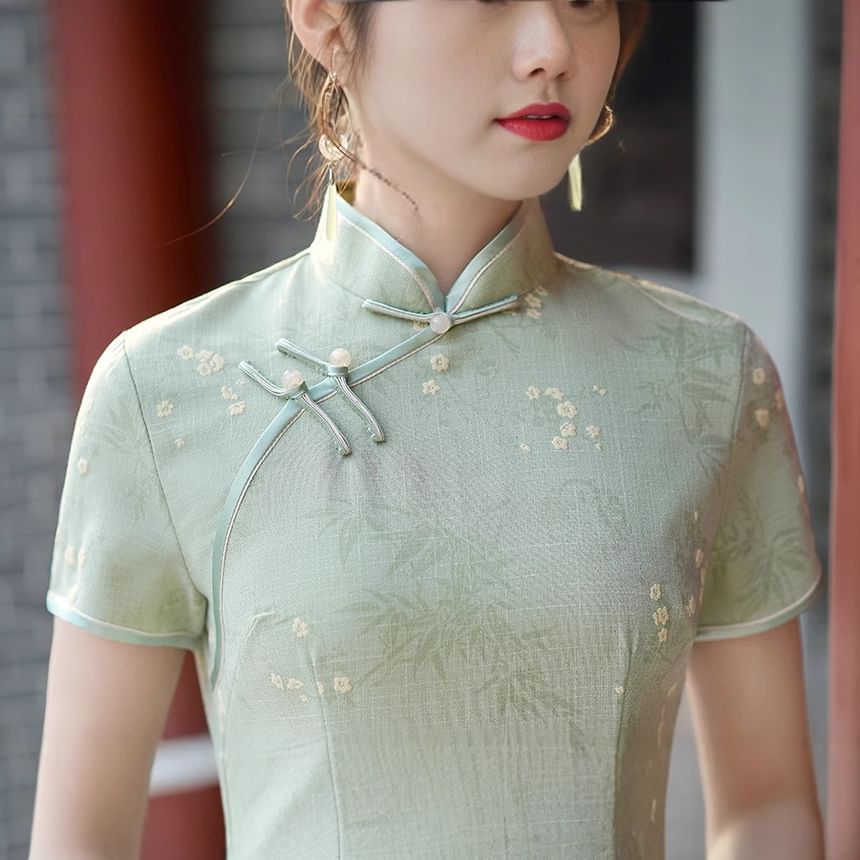 Short-Sleeve Floral Print Midi Sheath Qipao Dress