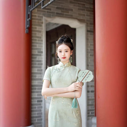 Short-Sleeve Floral Print Midi Sheath Qipao Dress