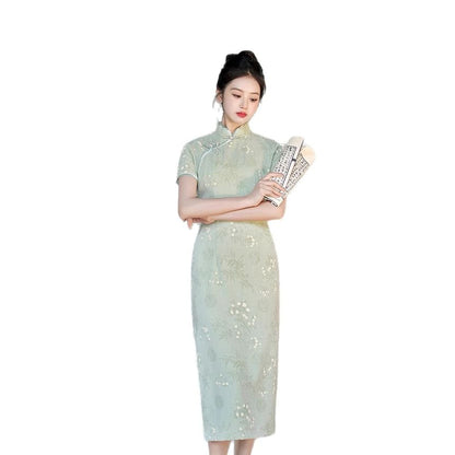 Short-Sleeve Floral Print Midi Sheath Qipao Dress
