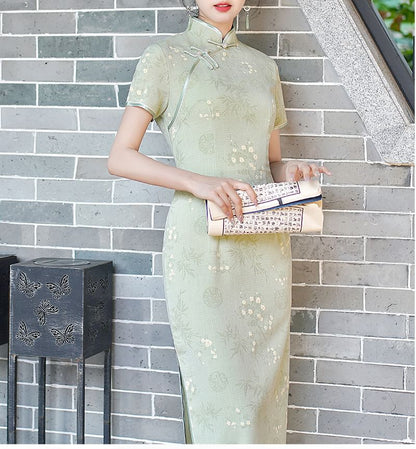 Short-Sleeve Floral Print Midi Sheath Qipao Dress
