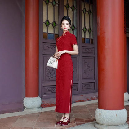 Short-Sleeve Floral Print Maxi Sheath Qipao Dress