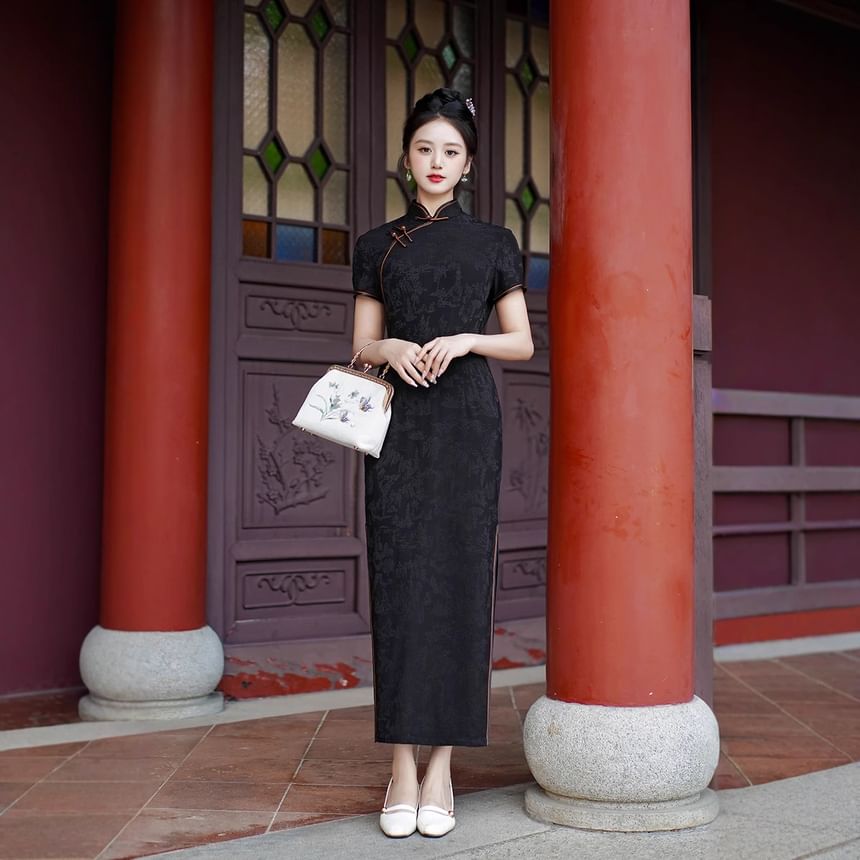 Short-Sleeve Floral Print Maxi Sheath Qipao Dress