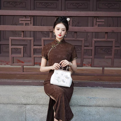 Short-Sleeve Floral Print Maxi Sheath Qipao Dress