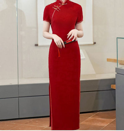 Short-Sleeve Floral Print Maxi Sheath Qipao Dress