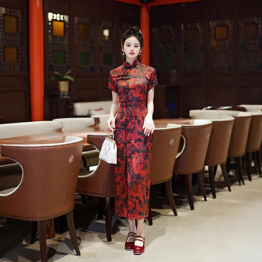 Short-Sleeve Frog Buttoned Floral Print Maxi Qipao Dress