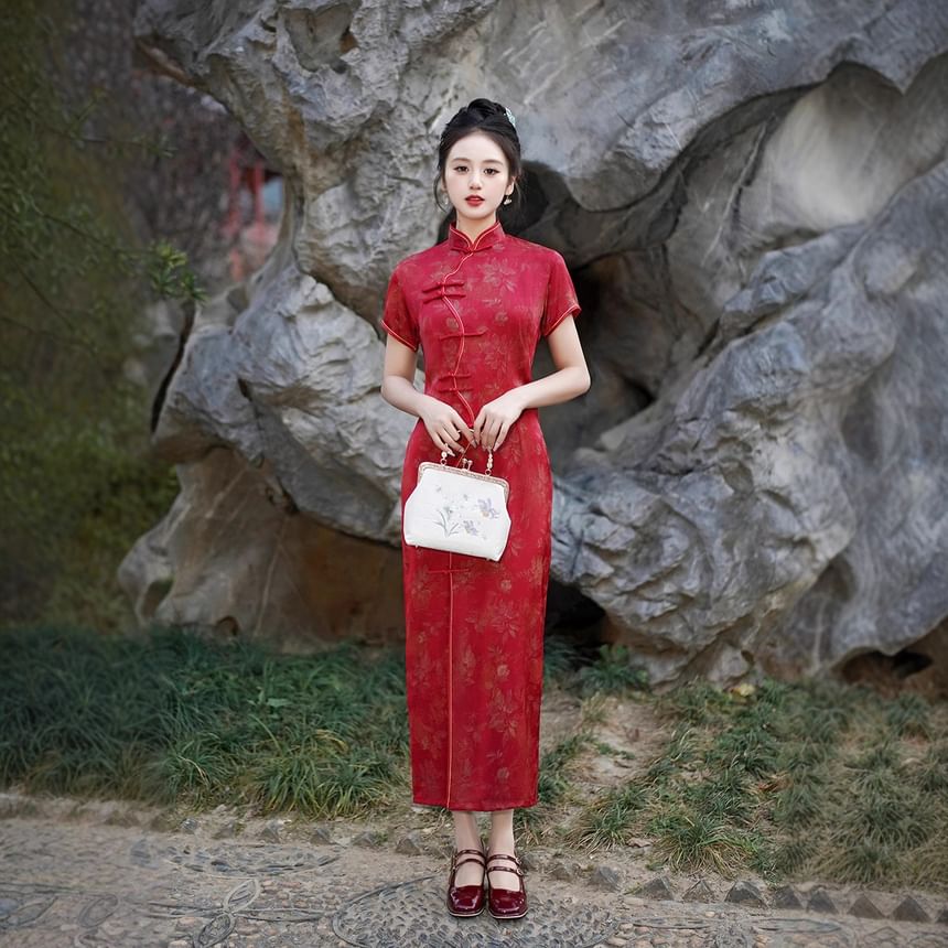 Short-Sleeve Frog Buttoned Floral Print Maxi Qipao Dress