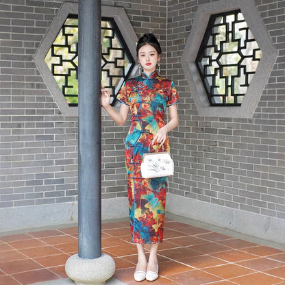 Short-Sleeve Frog Buttoned Floral Print Maxi Qipao Dress