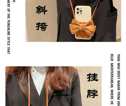 Bow Card Holder Faux Leather Phone Case with Lanyard
