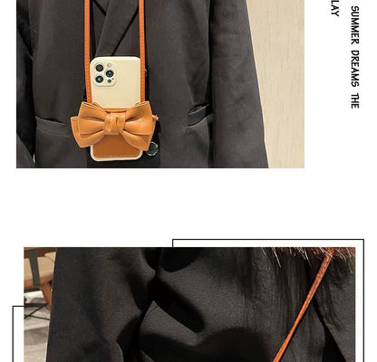 Bow Card Holder Faux Leather Phone Case with Lanyard