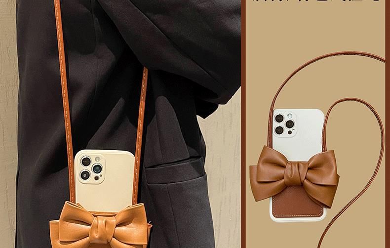 Bow Card Holder Faux Leather Phone Case with Lanyard