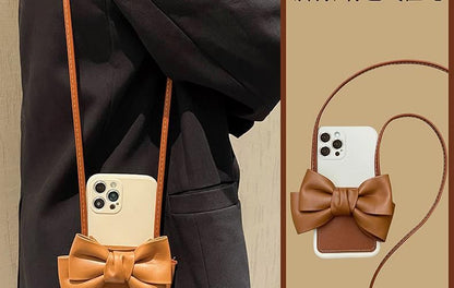 Bow Card Holder Faux Leather Phone Case with Lanyard