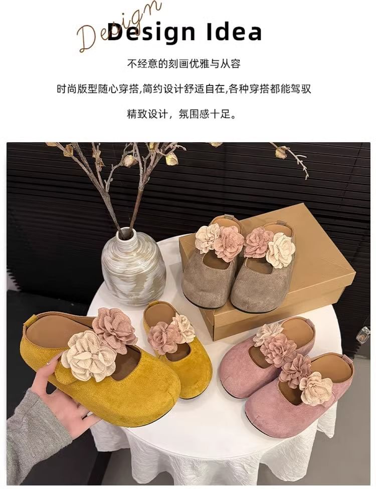 Hidden Wedge Floral Accent Genuine Leather Mary Jane Mules