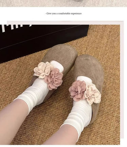 Hidden Wedge Floral Accent Genuine Leather Mary Jane Mules