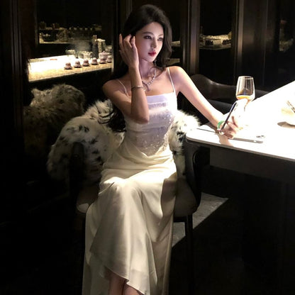 Spaghetti Strap Sequin Panel Open Back Satin Mermaid Evening Dress