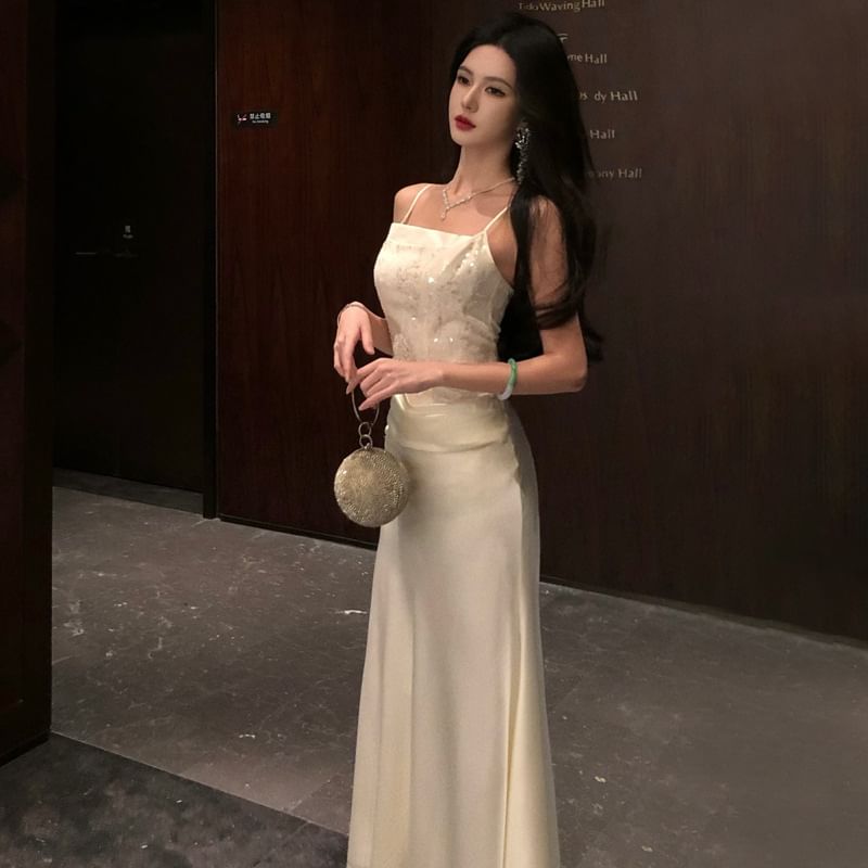 Spaghetti Strap Sequin Panel Open Back Satin Mermaid Evening Dress