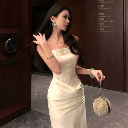 Spaghetti Strap Sequin Panel Open Back Satin Mermaid Evening Dress