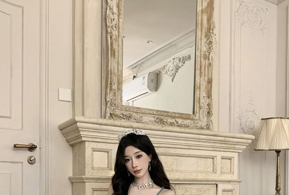 Spaghetti Strap V-Neck Plain Ruched Layered Mermaid Evening Dress