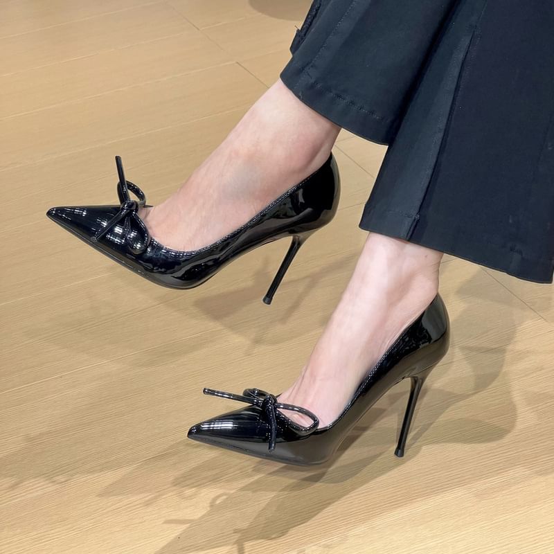 Pointed Toe Bow Patent Leather Stiletto Pumps