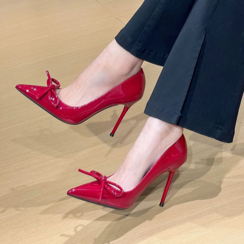 Pointed Toe Bow Patent Leather Stiletto Pumps
