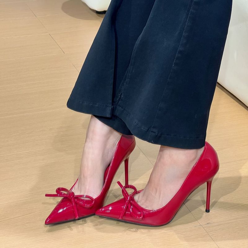 Pointed Toe Bow Patent Leather Stiletto Pumps