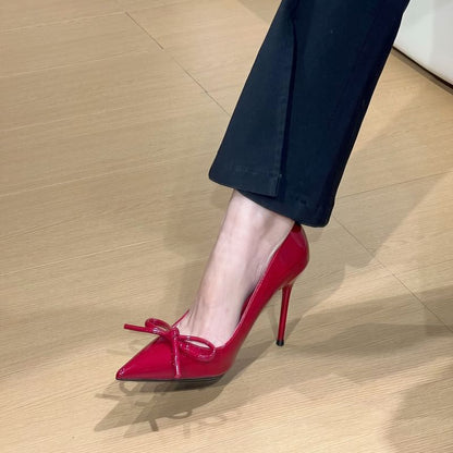 Pointed Toe Bow Patent Leather Stiletto Pumps