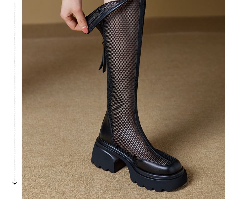 Platform Panel Mesh Knee High Boots
