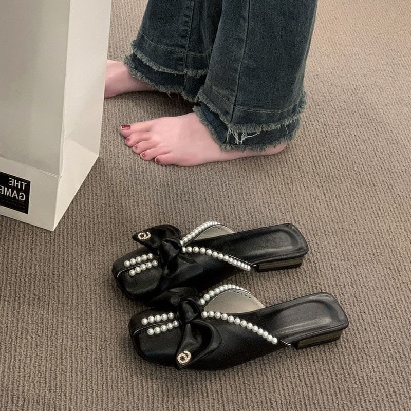 Square Toe Bow Faux Pearl Mules