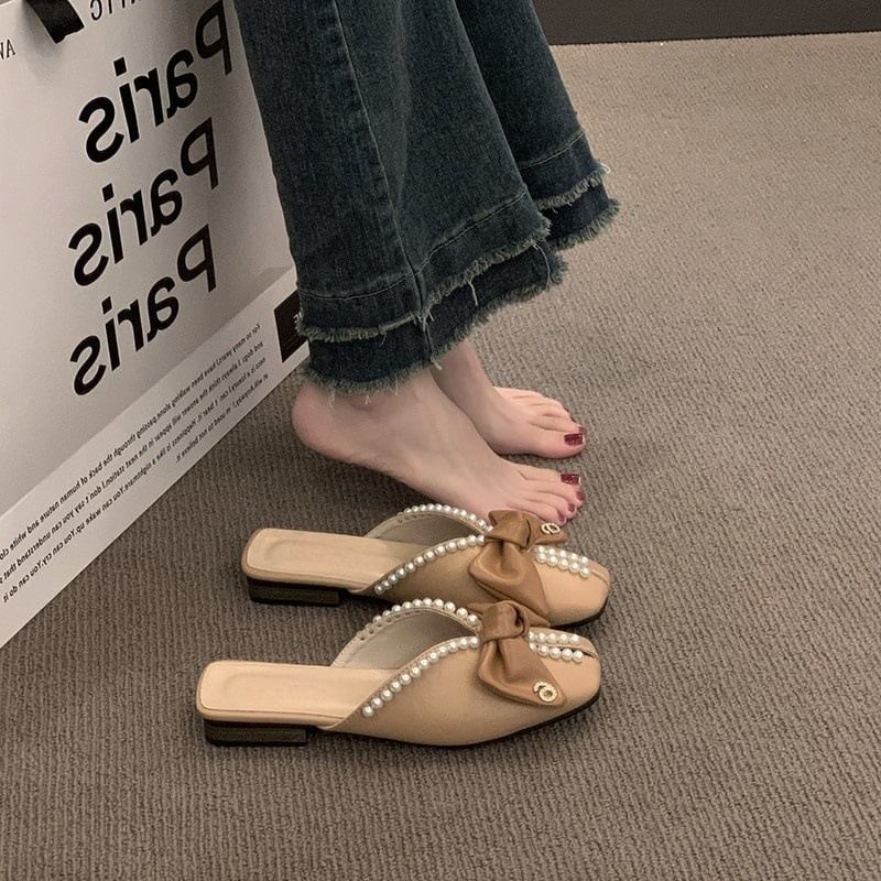 Square Toe Bow Faux Pearl Mules