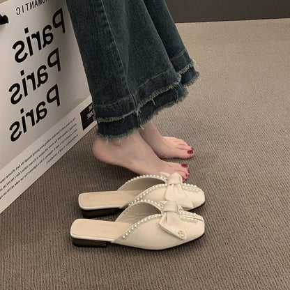 Square Toe Bow Faux Pearl Mules