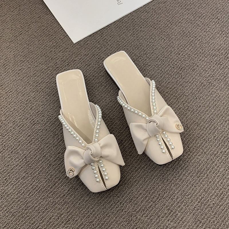 Square Toe Bow Faux Pearl Mules