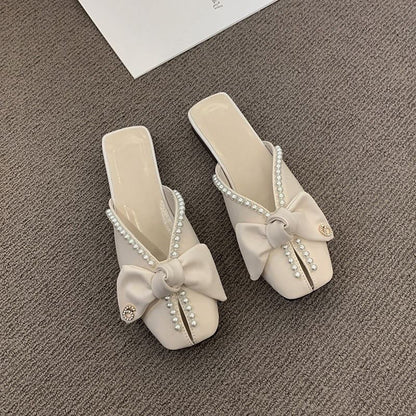 Square Toe Bow Faux Pearl Mules