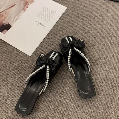 Square Toe Bow Faux Pearl Mules