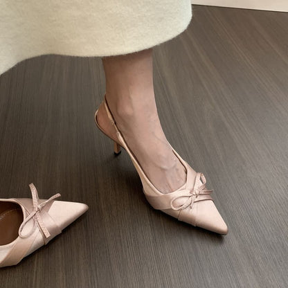 Pointed Toe Bow Satin Slingback Pumps