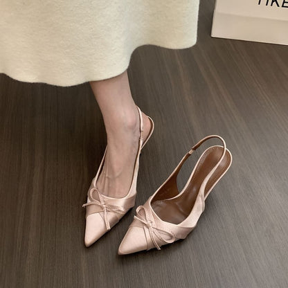 Pointed Toe Bow Satin Slingback Pumps