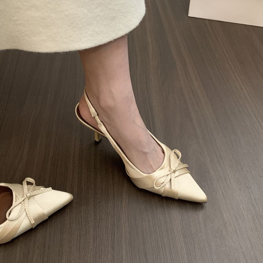 Pointed Toe Bow Satin Slingback Pumps