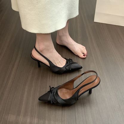 Pointed Toe Bow Satin Slingback Pumps