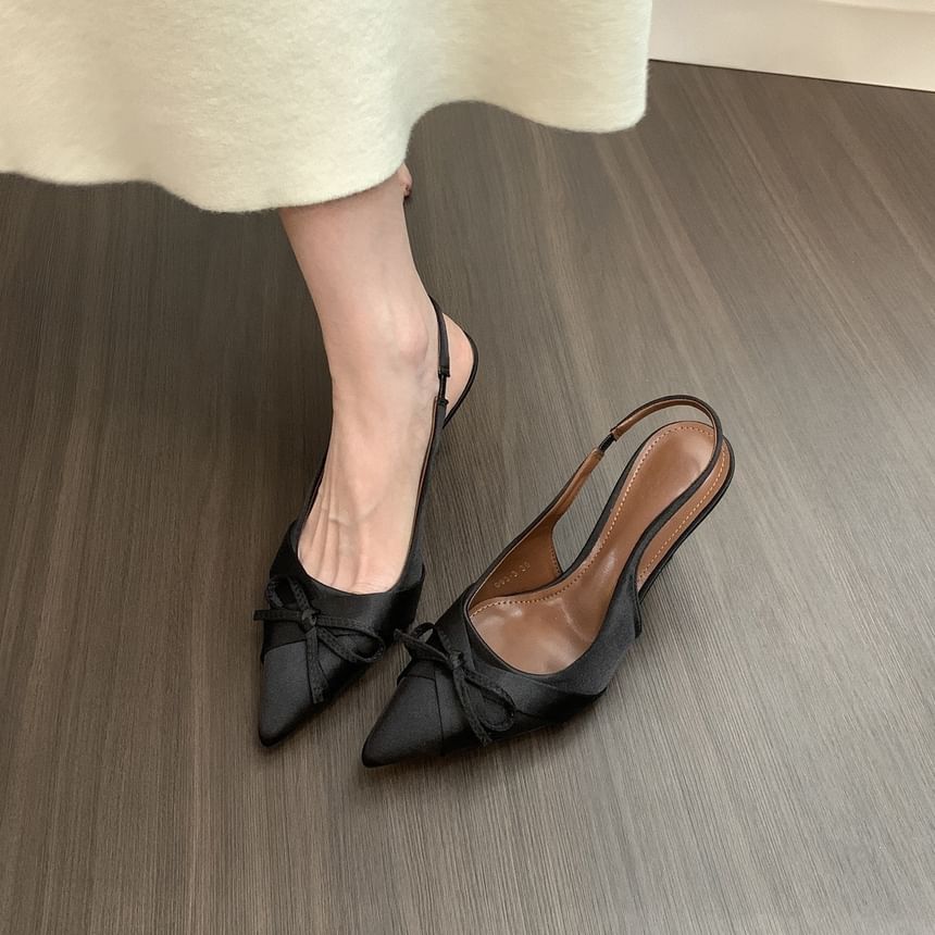 Pointed Toe Bow Satin Slingback Pumps